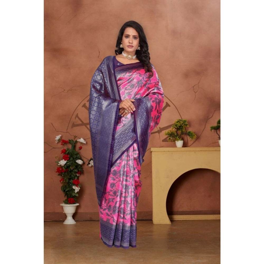 Generic Women's Banarasi Silk Jaquard Woven Saree With Unstitched Blouse 5.5Mtr (Pink) - MYLUXURY LANE ENTERPRISE