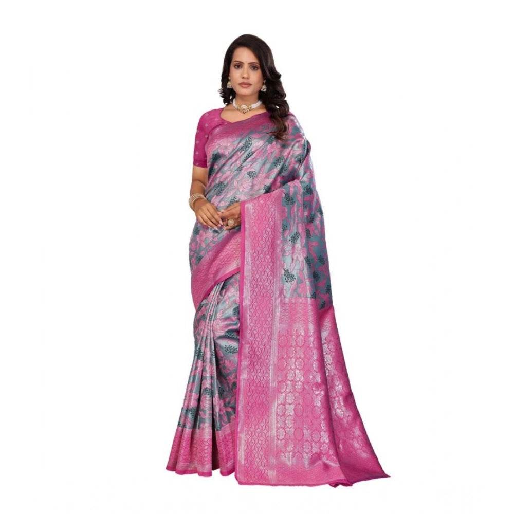 Generic Women's Banarasi Silk Jaquard Woven Saree With Unstitched Blouse 5.5Mtr (Pink) - MYLUXURY LANE ENTERPRISE