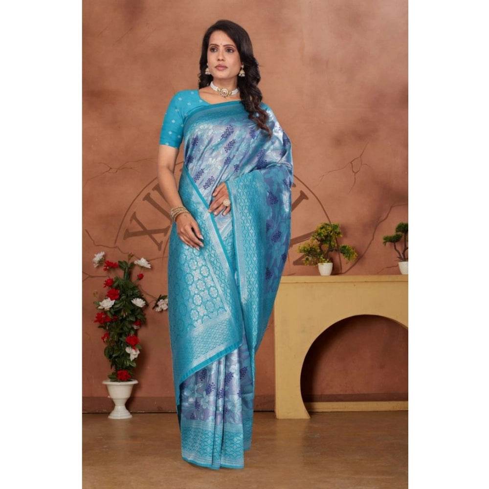 Generic Women's Banarasi Silk Jaquard Woven Saree With Unstitched Blouse 5.5Mtr (Light Blue) - MYLUXURY LANE ENTERPRISE