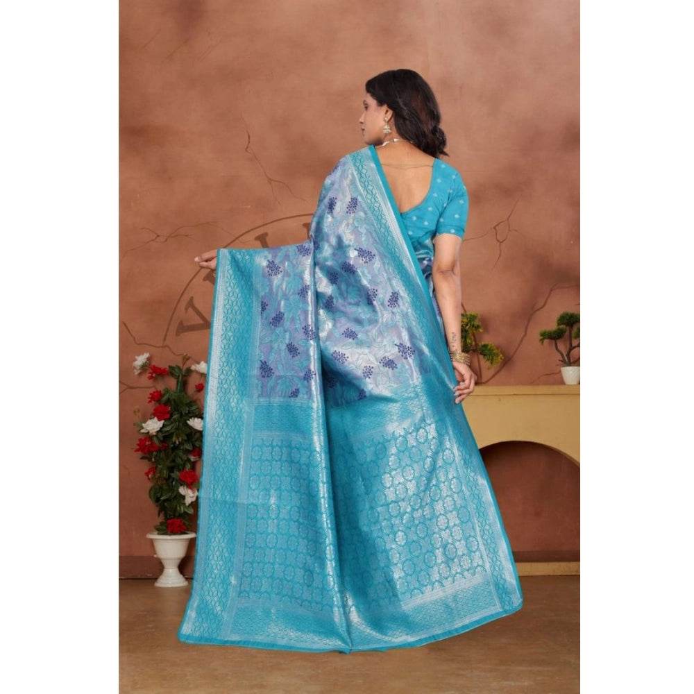 Generic Women's Banarasi Silk Jaquard Woven Saree With Unstitched Blouse 5.5Mtr (Light Blue) - MYLUXURY LANE ENTERPRISE