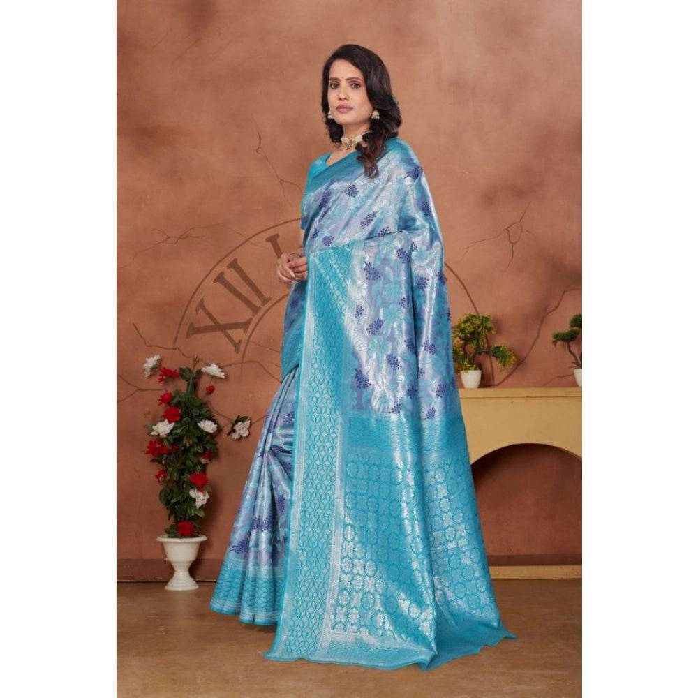Generic Women's Banarasi Silk Jaquard Woven Saree With Unstitched Blouse 5.5Mtr (Light Blue) - MYLUXURY LANE ENTERPRISE