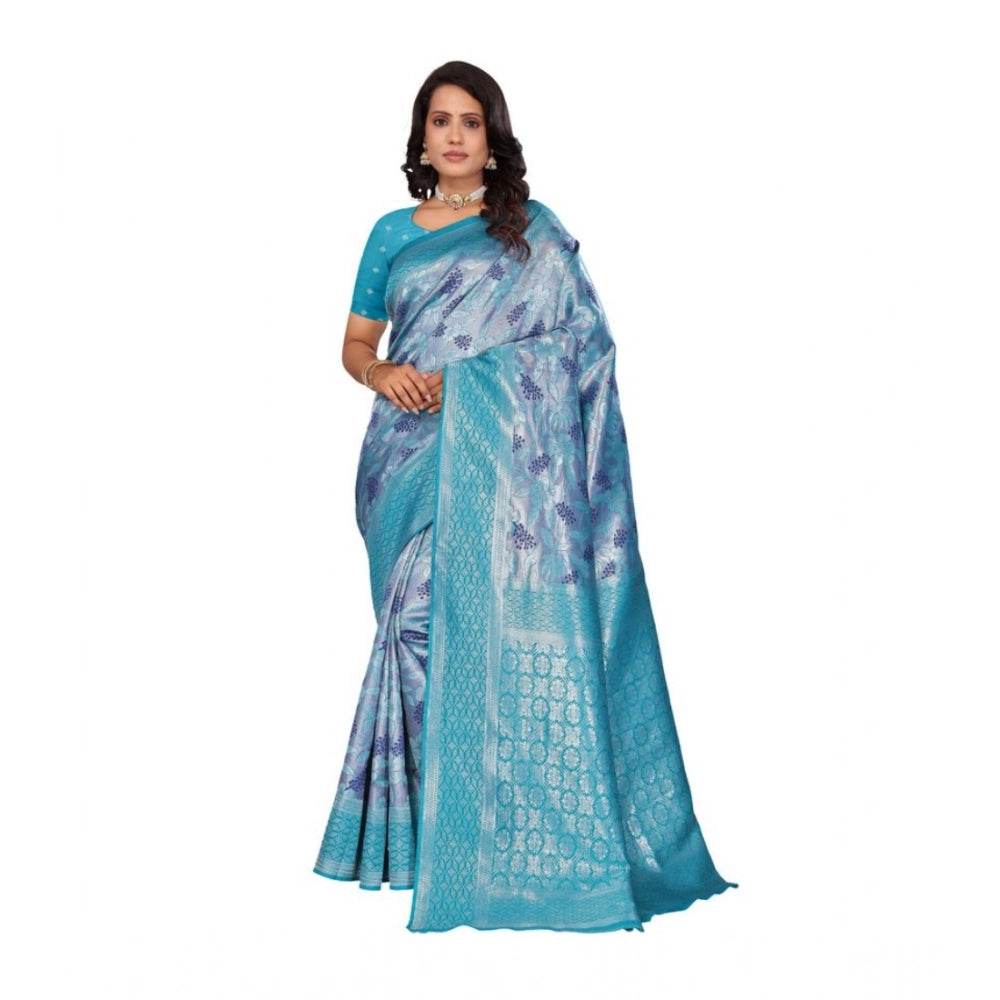 Generic Women's Banarasi Silk Jaquard Woven Saree With Unstitched Blouse 5.5Mtr (Light Blue) - MYLUXURY LANE ENTERPRISE