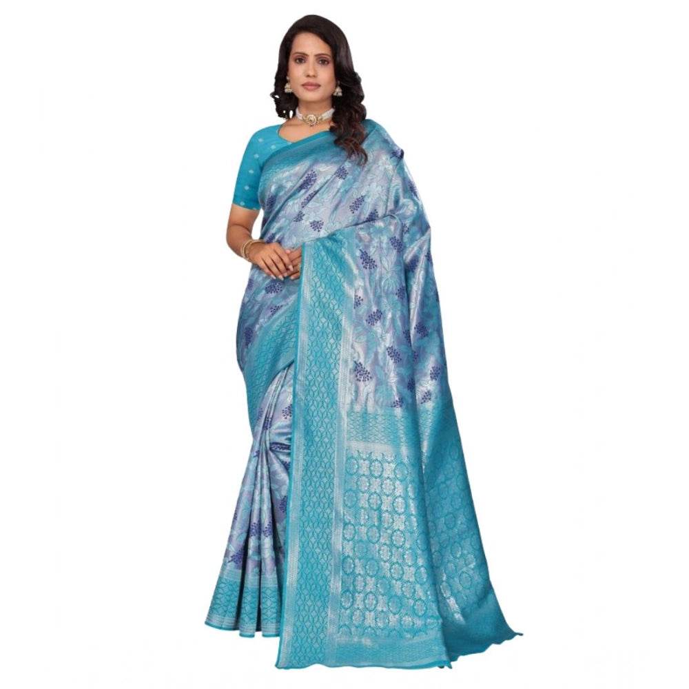 Generic Women's Banarasi Silk Jaquard Woven Saree With Unstitched Blouse 5.5Mtr (Light Blue) - MYLUXURY LANE ENTERPRISE