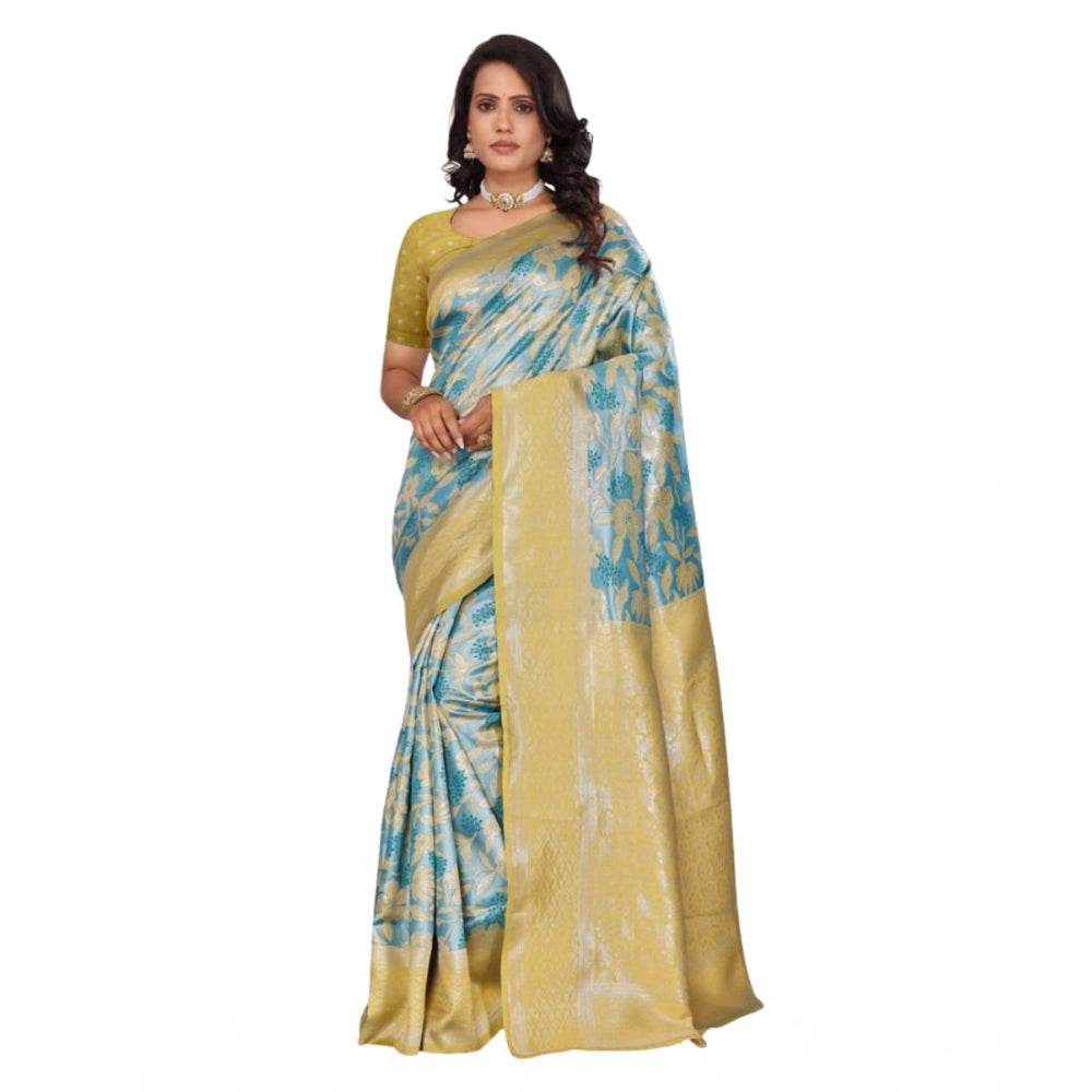 Generic Women's Banarasi Silk Jaquard Woven Saree With Unstitched Blouse 5.5Mtr (Yellow) - MYLUXURY LANE ENTERPRISE