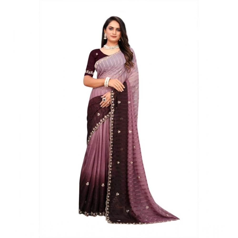 Generic Women's Chiffon Embroidred Saree With Unstitched Blouse 5.5Mtr (Beige) - MYLUXURY LANE ENTERPRISE