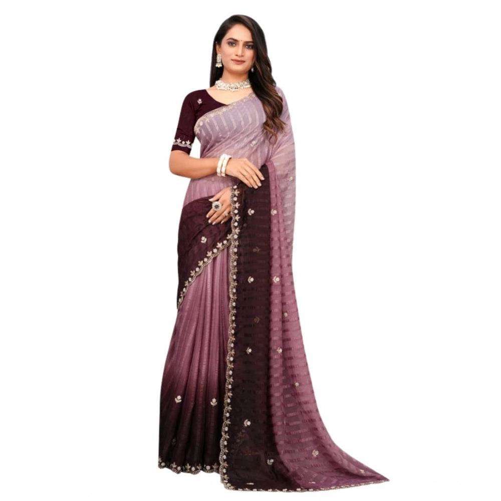 Generic Women's Chiffon Embroidred Saree With Unstitched Blouse 5.5Mtr (Beige) - MYLUXURY LANE ENTERPRISE