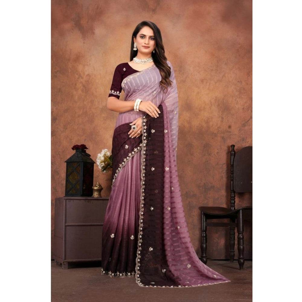 Generic Women's Chiffon Embroidred Saree With Unstitched Blouse 5.5Mtr (Beige) - MYLUXURY LANE ENTERPRISE