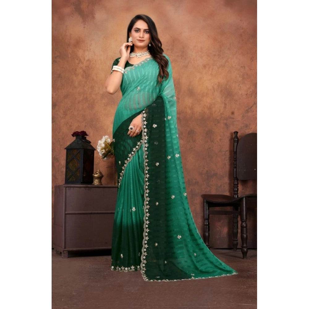 Generic Women's Chiffon Embroidred Saree With Unstitched Blouse 5.5Mtr (Dark Green) - MYLUXURY LANE ENTERPRISE