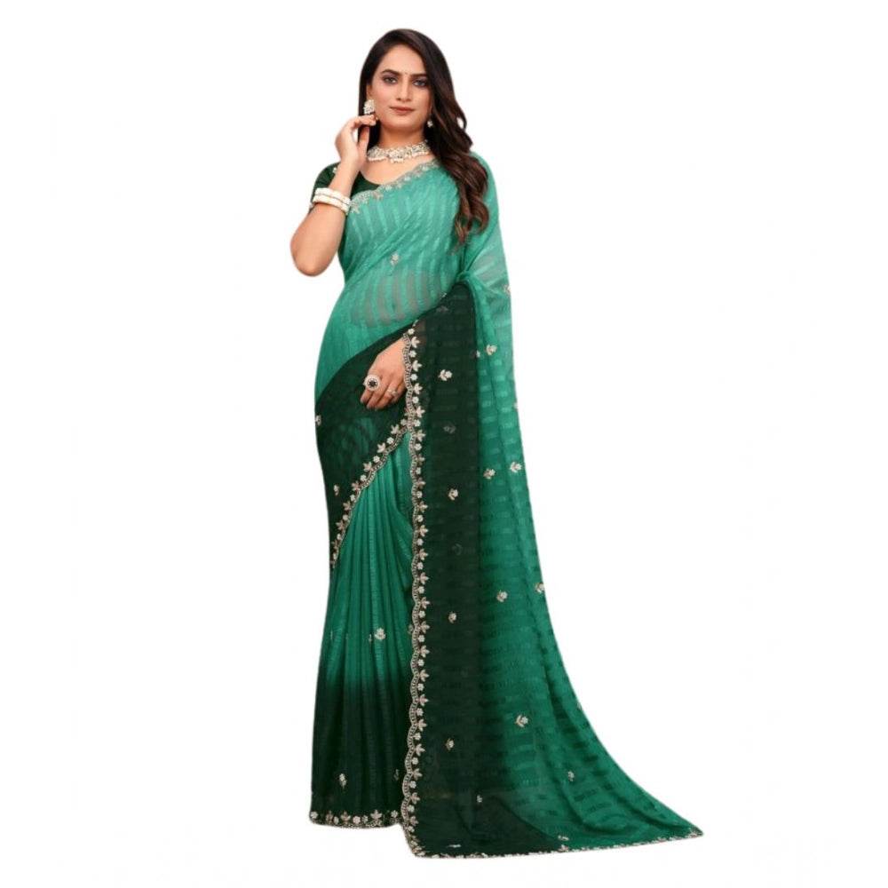 Generic Women's Chiffon Embroidred Saree With Unstitched Blouse 5.5Mtr (Dark Green) - MYLUXURY LANE ENTERPRISE