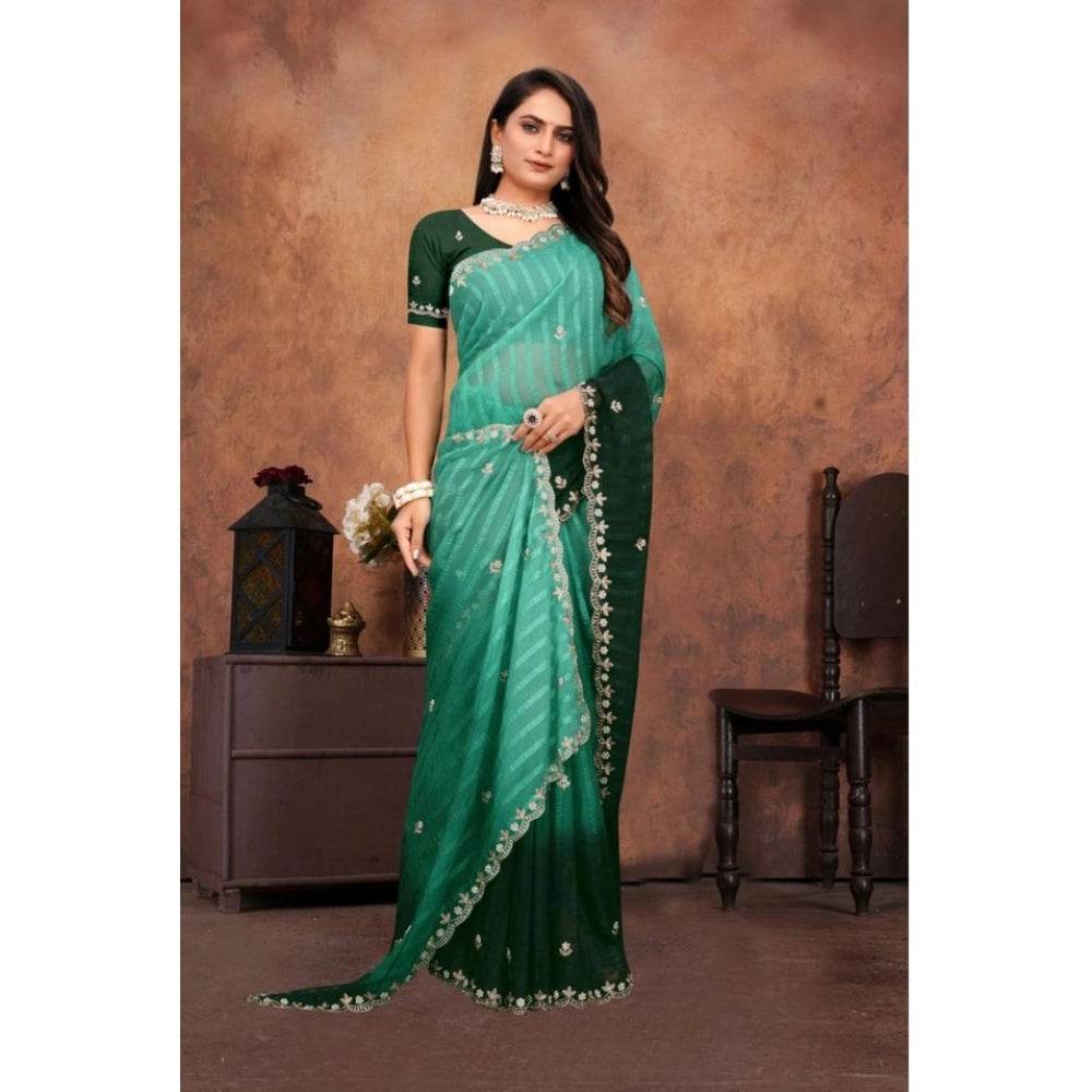 Generic Women's Chiffon Embroidred Saree With Unstitched Blouse 5.5Mtr (Dark Green) - MYLUXURY LANE ENTERPRISE