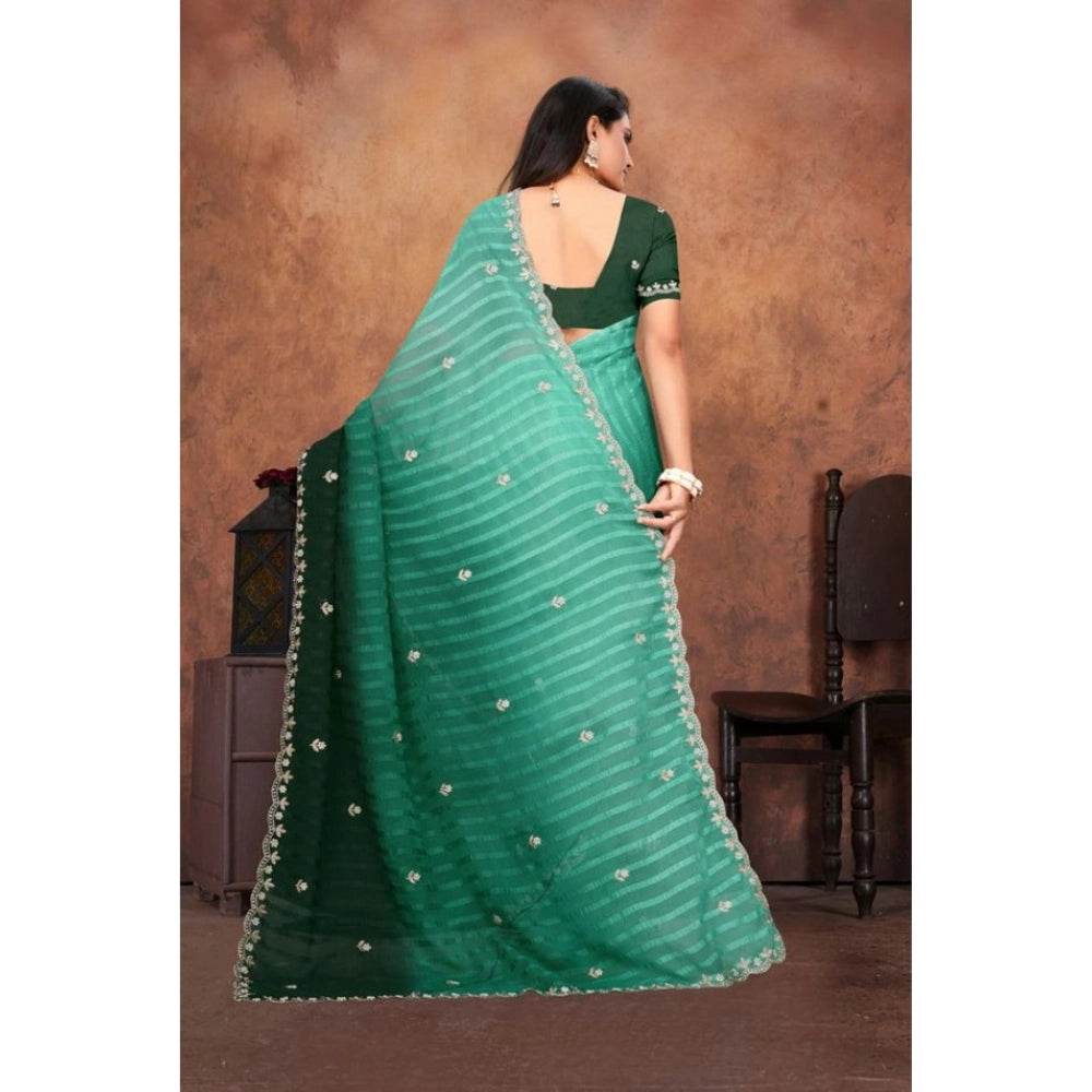 Generic Women's Chiffon Embroidred Saree With Unstitched Blouse 5.5Mtr (Dark Green) - MYLUXURY LANE ENTERPRISE