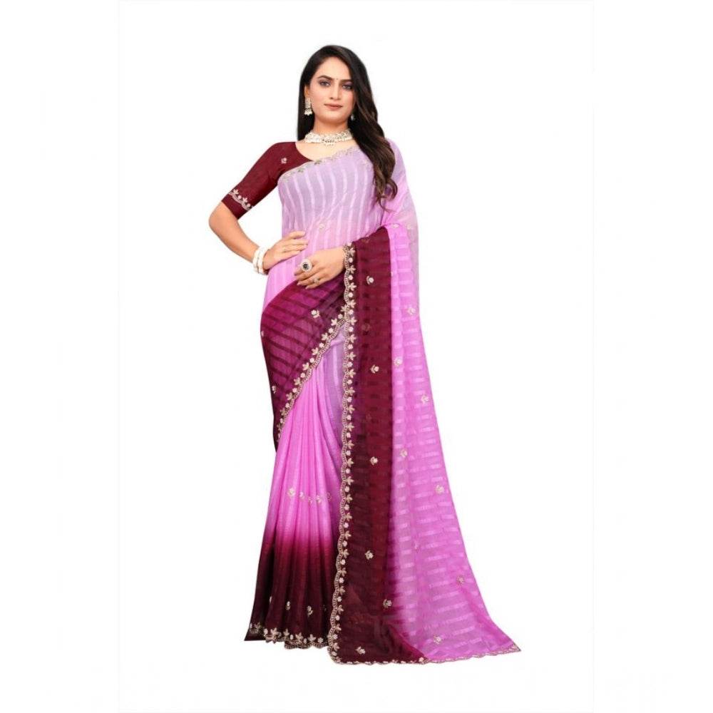Generic Women's Chiffon Embroidred Saree With Unstitched Blouse 5.5Mtr (Pink) - MYLUXURY LANE ENTERPRISE