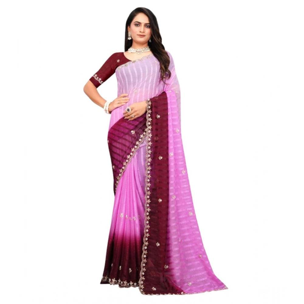 Generic Women's Chiffon Embroidred Saree With Unstitched Blouse 5.5Mtr (Pink) - MYLUXURY LANE ENTERPRISE