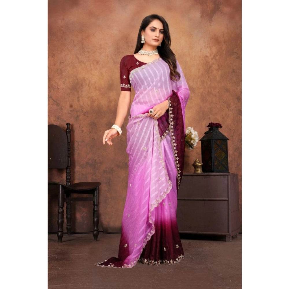 Generic Women's Chiffon Embroidred Saree With Unstitched Blouse 5.5Mtr (Pink) - MYLUXURY LANE ENTERPRISE