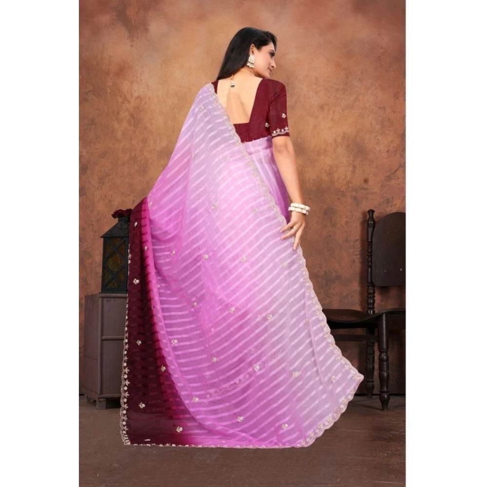 Generic Women's Chiffon Embroidred Saree With Unstitched Blouse 5.5Mtr (Pink) - MYLUXURY LANE ENTERPRISE