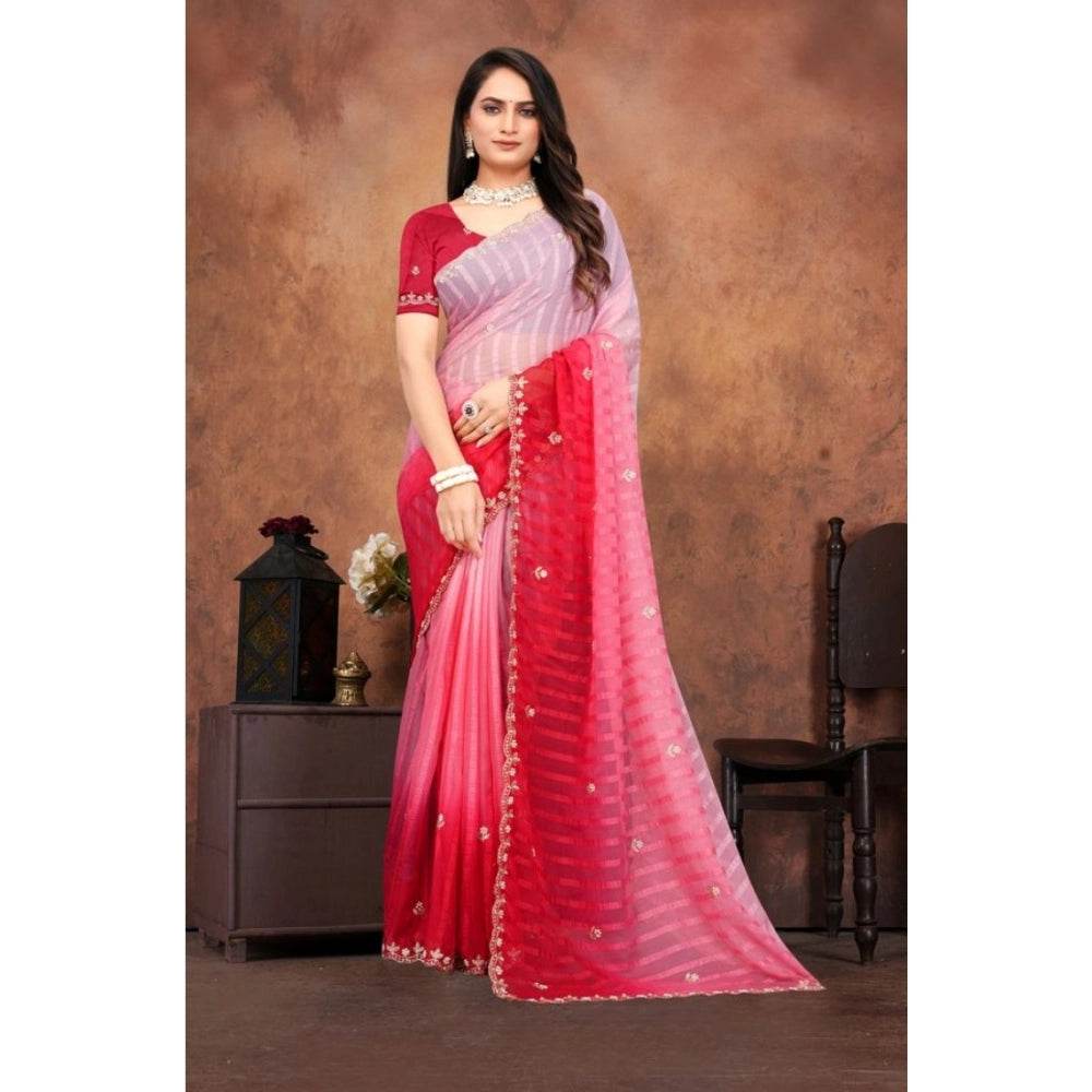 Generic Women's Chiffon Embroidred Saree With Unstitched Blouse 5.5Mtr (Pink) - MYLUXURY LANE ENTERPRISE