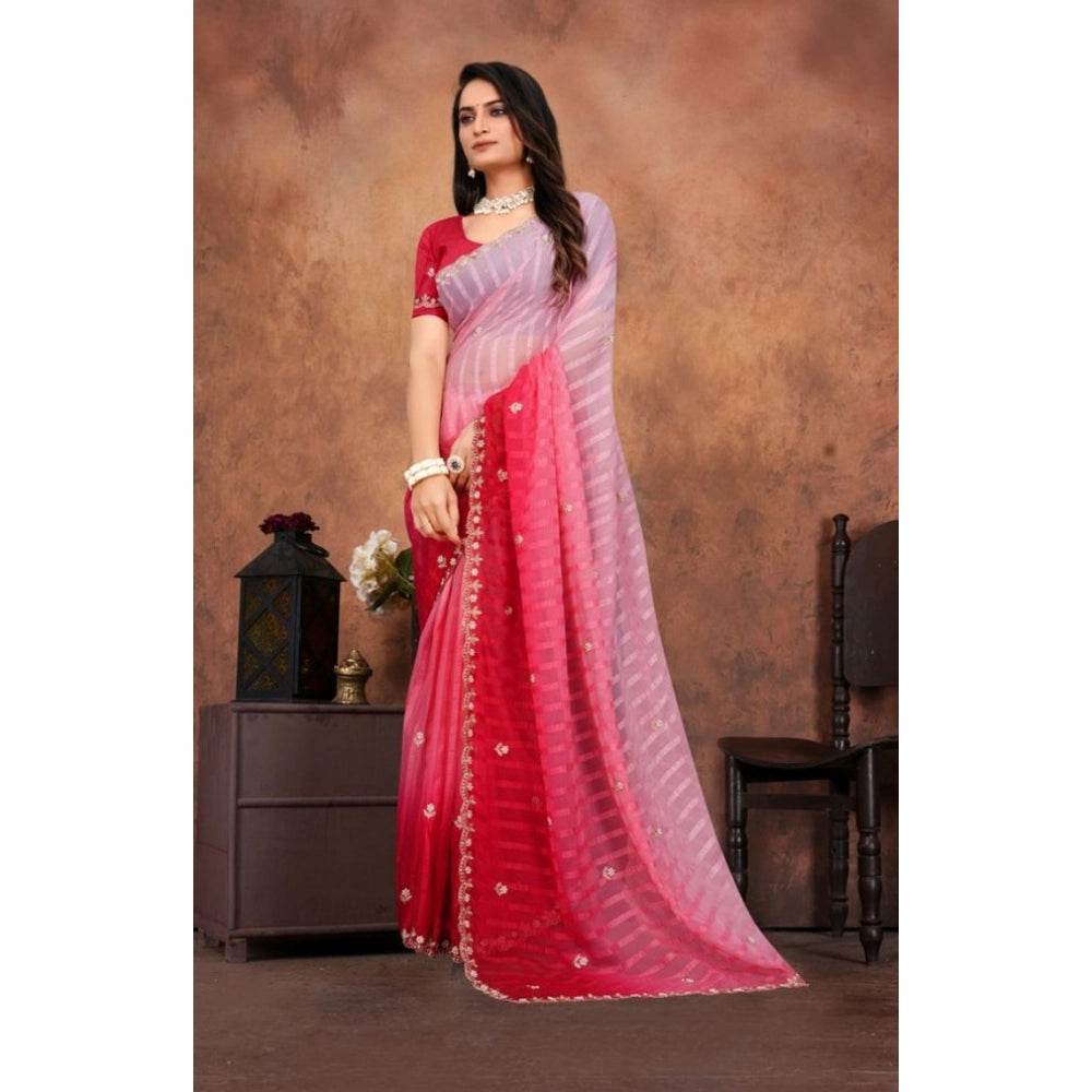 Generic Women's Chiffon Embroidred Saree With Unstitched Blouse 5.5Mtr (Pink) - MYLUXURY LANE ENTERPRISE