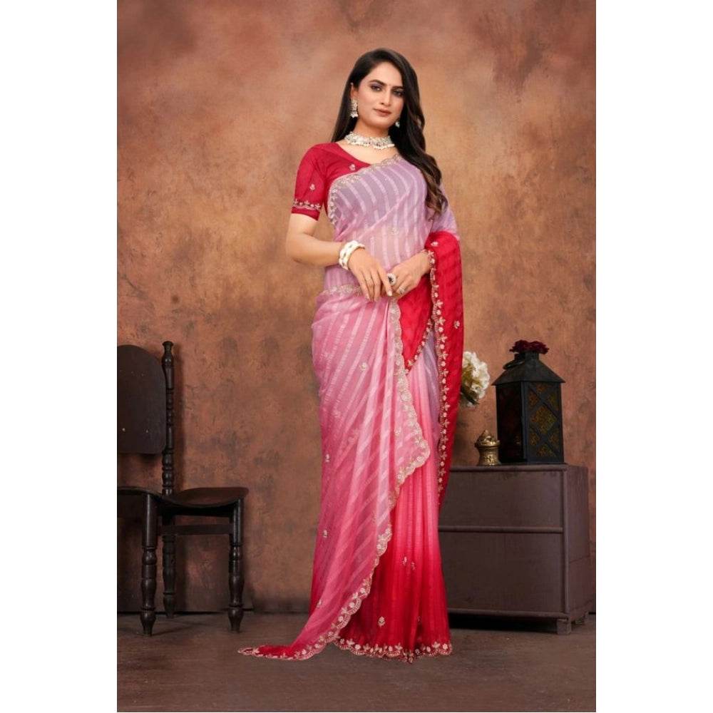 Generic Women's Chiffon Embroidred Saree With Unstitched Blouse 5.5Mtr (Pink) - MYLUXURY LANE ENTERPRISE