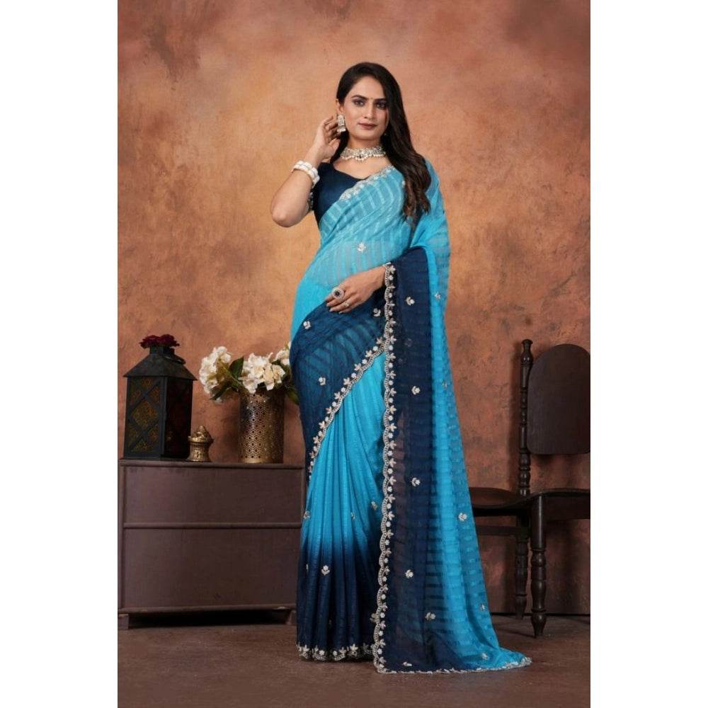 Generic Women's Chiffon Embroidred Saree With Unstitched Blouse 5.5Mtr (Light Blue) - MYLUXURY LANE ENTERPRISE