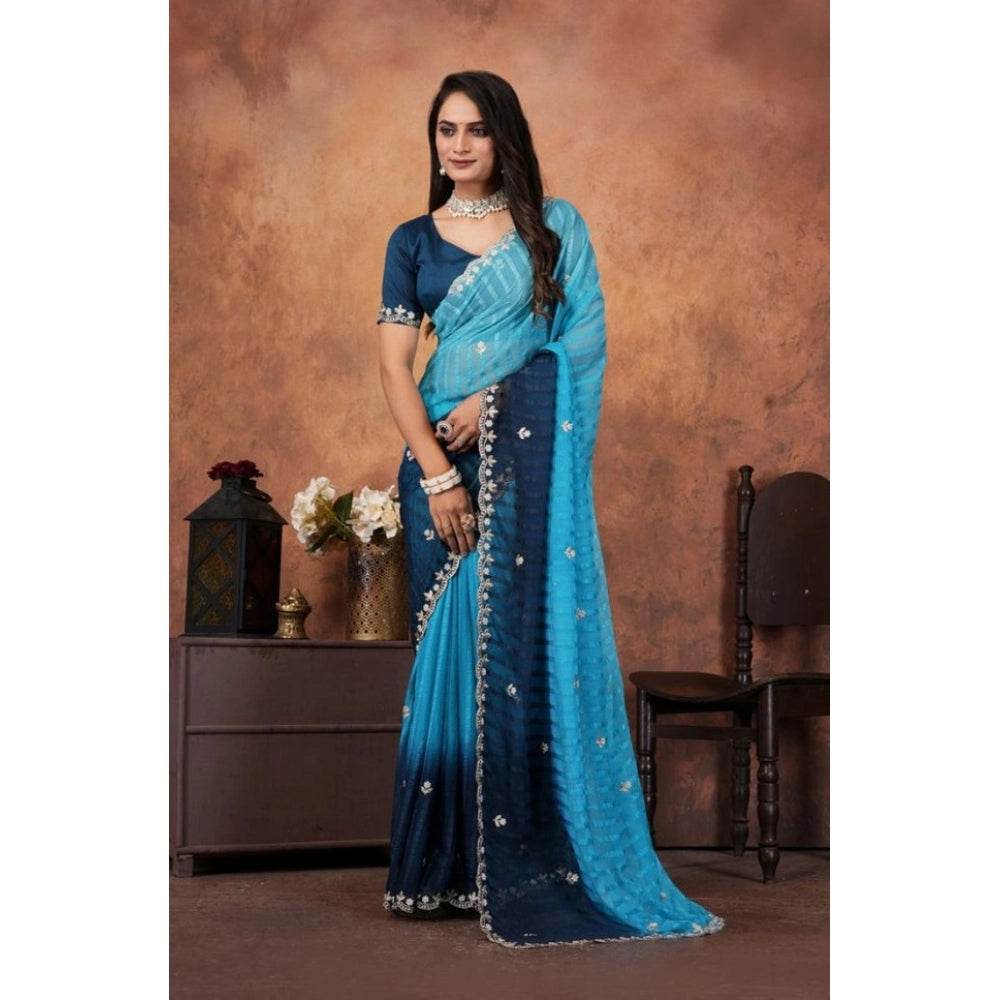 Generic Women's Chiffon Embroidred Saree With Unstitched Blouse 5.5Mtr (Light Blue) - MYLUXURY LANE ENTERPRISE