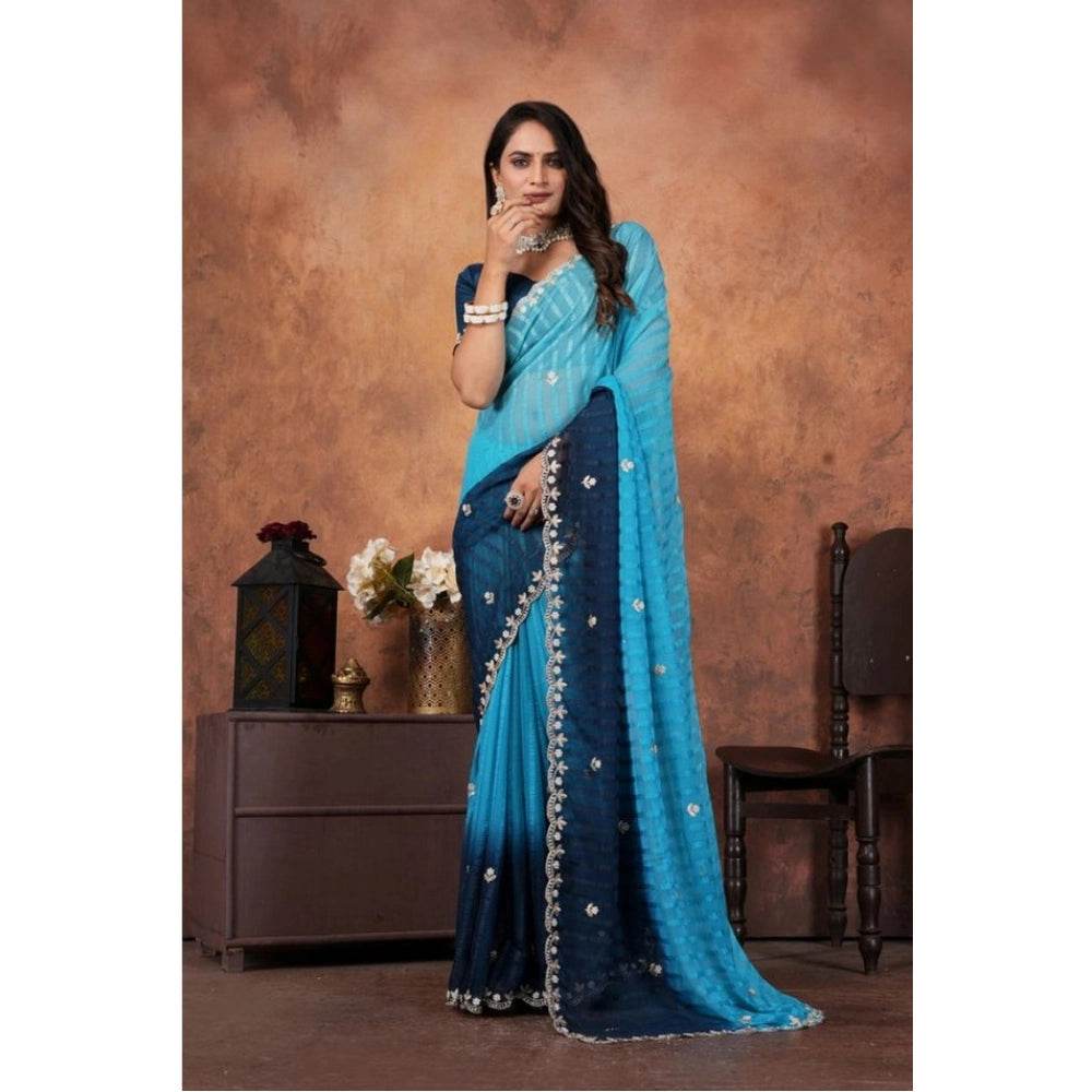 Generic Women's Chiffon Embroidred Saree With Unstitched Blouse 5.5Mtr (Light Blue) - MYLUXURY LANE ENTERPRISE