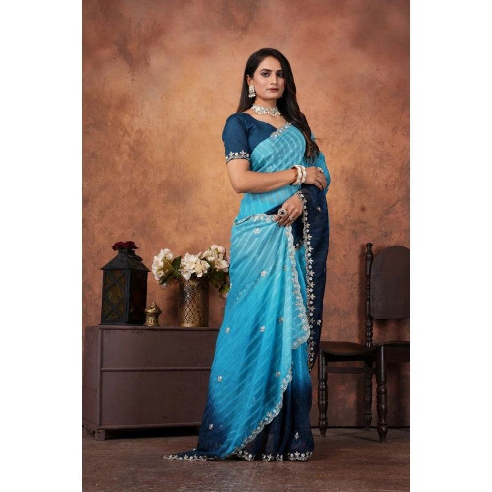 Generic Women's Chiffon Embroidred Saree With Unstitched Blouse 5.5Mtr (Light Blue) - MYLUXURY LANE ENTERPRISE