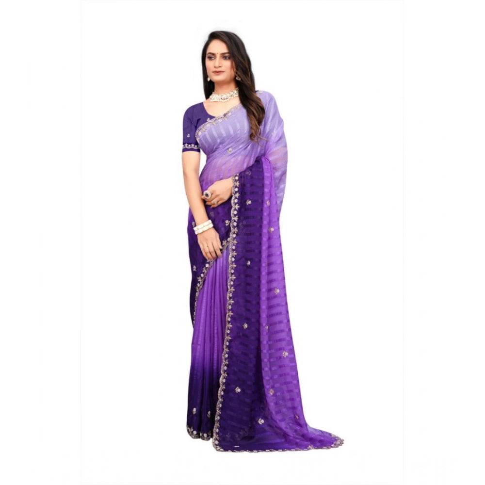 Generic Women's Chiffon Embroidred Saree With Unstitched Blouse 5.5Mtr (Purple) - MYLUXURY LANE ENTERPRISE