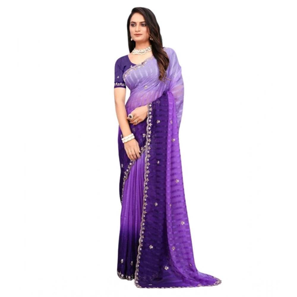Generic Women's Chiffon Embroidred Saree With Unstitched Blouse 5.5Mtr (Purple) - MYLUXURY LANE ENTERPRISE