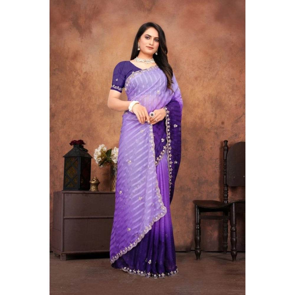 Generic Women's Chiffon Embroidred Saree With Unstitched Blouse 5.5Mtr (Purple) - MYLUXURY LANE ENTERPRISE
