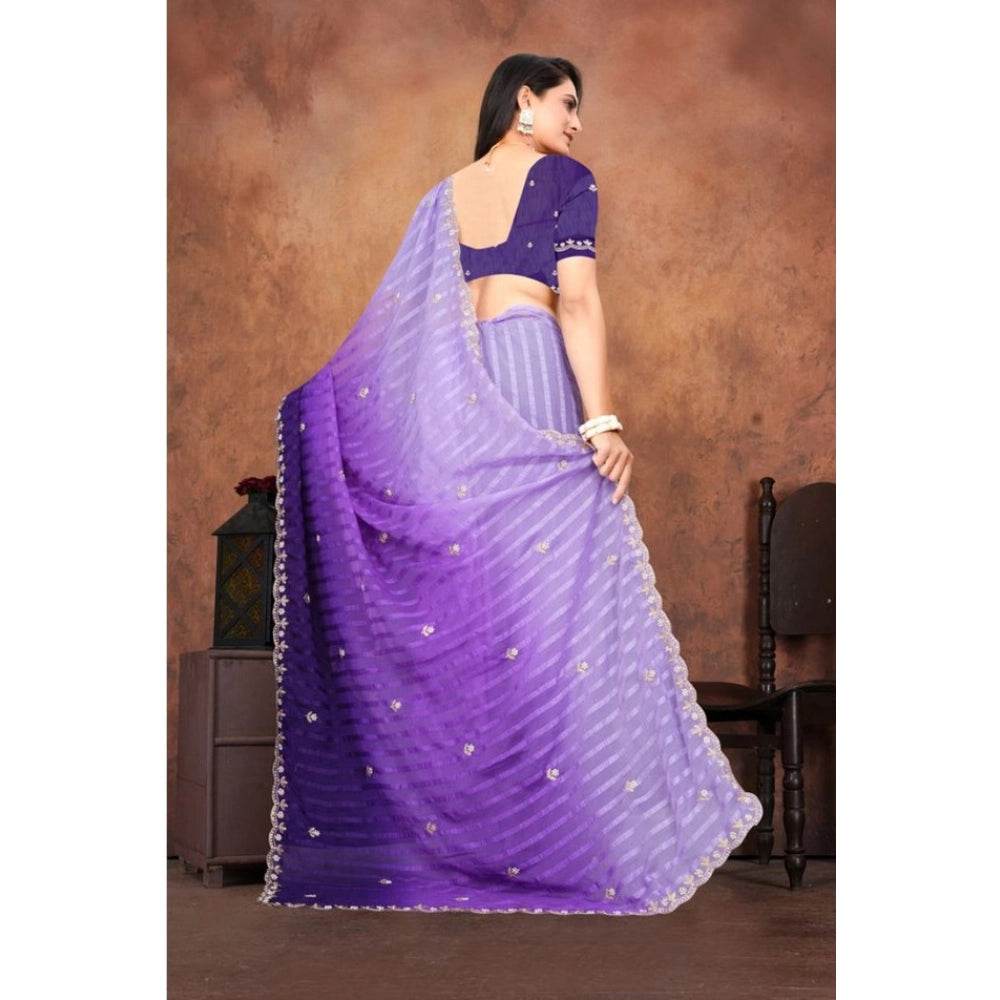Generic Women's Chiffon Embroidred Saree With Unstitched Blouse 5.5Mtr (Purple) - MYLUXURY LANE ENTERPRISE