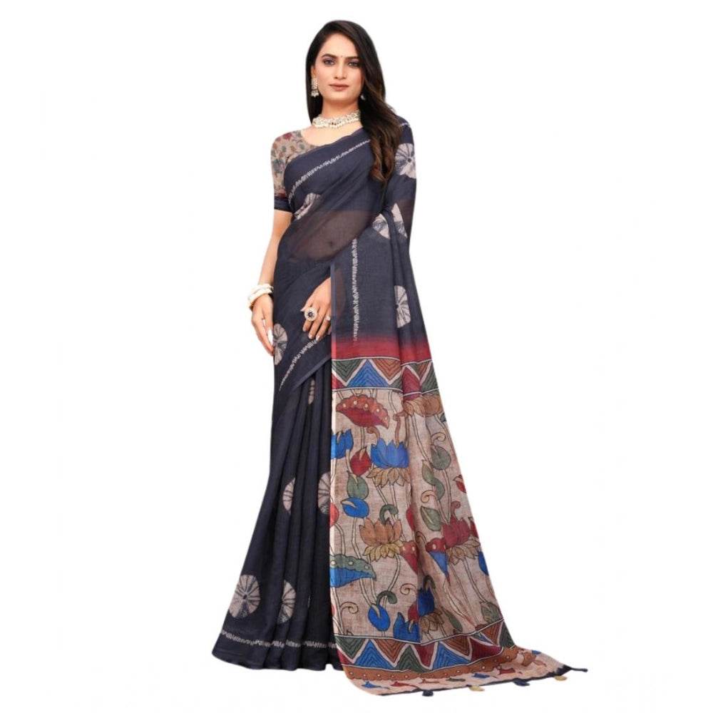 Generic Women's Linen Printed Saree With Unstitched Blouse 5.5Mtr (Black) - MYLUXURY LANE ENTERPRISE