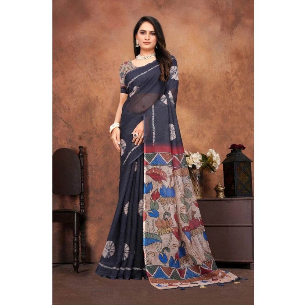 Generic Women's Linen Printed Saree With Unstitched Blouse 5.5Mtr (Black) - MYLUXURY LANE ENTERPRISE