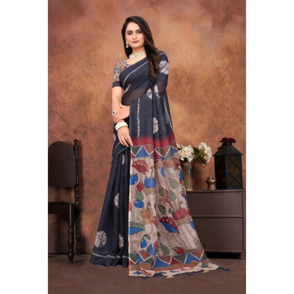 Generic Women's Linen Printed Saree With Unstitched Blouse 5.5Mtr (Black) - MYLUXURY LANE ENTERPRISE