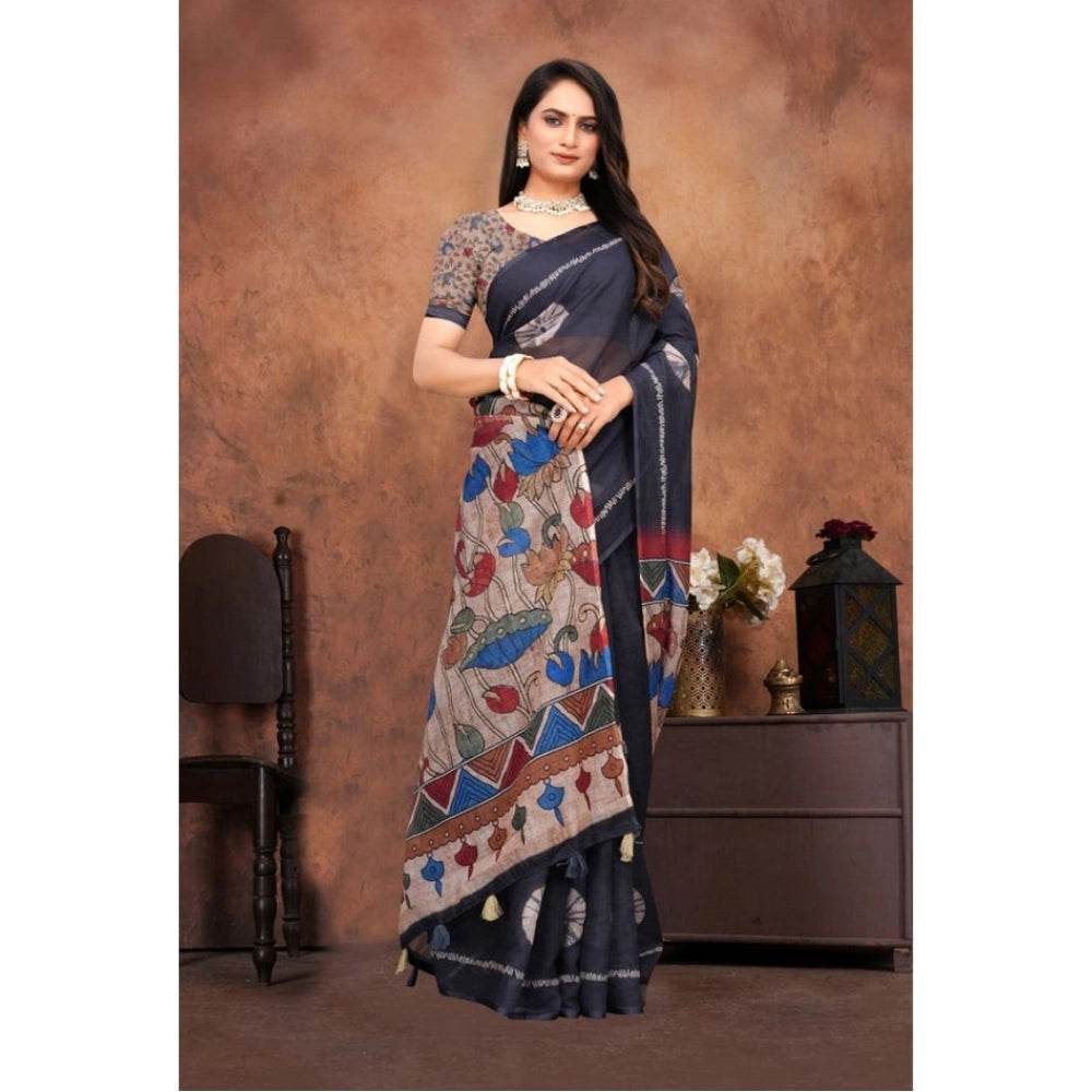 Generic Women's Linen Printed Saree With Unstitched Blouse 5.5Mtr (Black) - MYLUXURY LANE ENTERPRISE