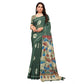 Generic Women's Linen Printed Saree With Unstitched Blouse 5.5Mtr (Dark Green) - MYLUXURY LANE ENTERPRISE