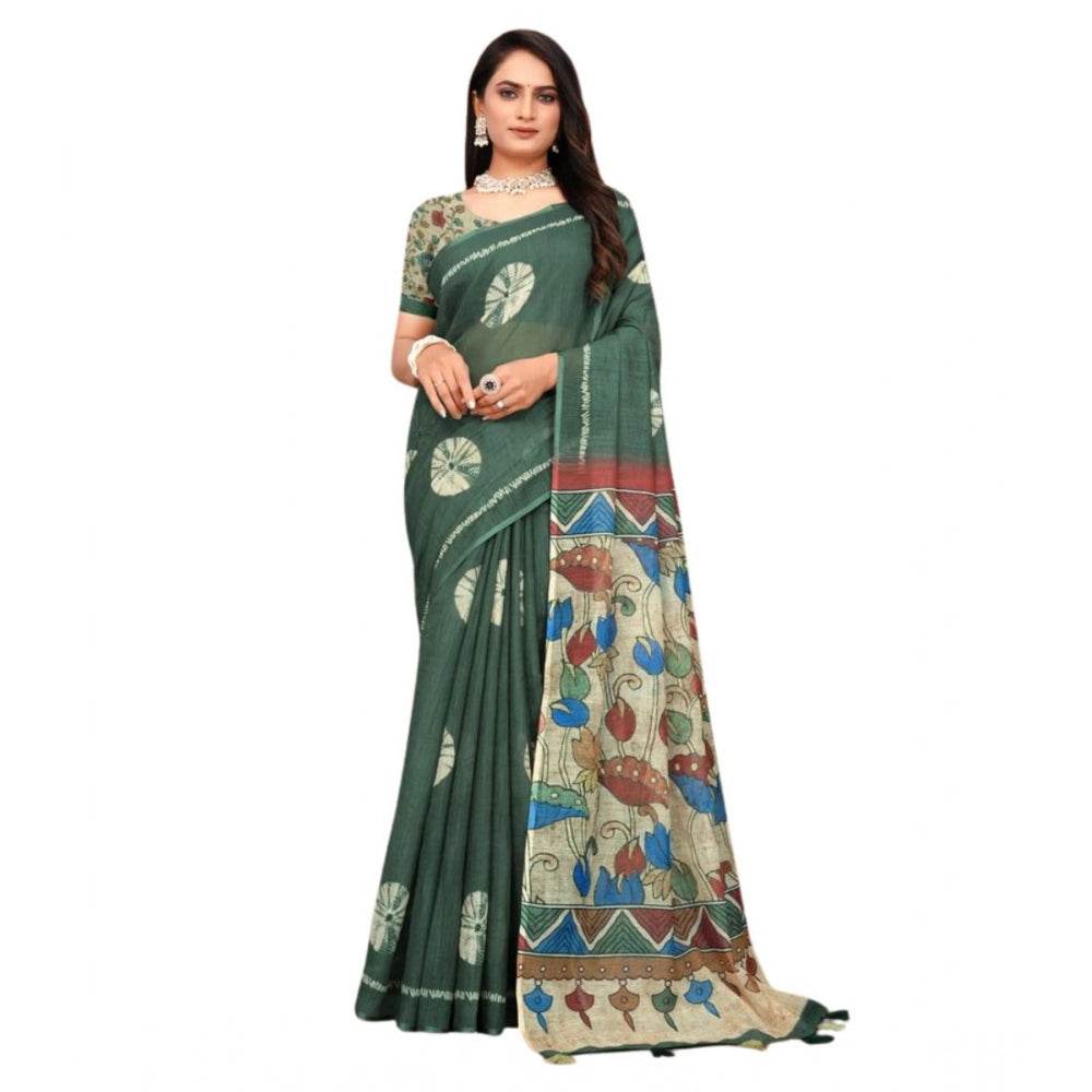 Generic Women's Linen Printed Saree With Unstitched Blouse 5.5Mtr (Dark Green) - MYLUXURY LANE ENTERPRISE