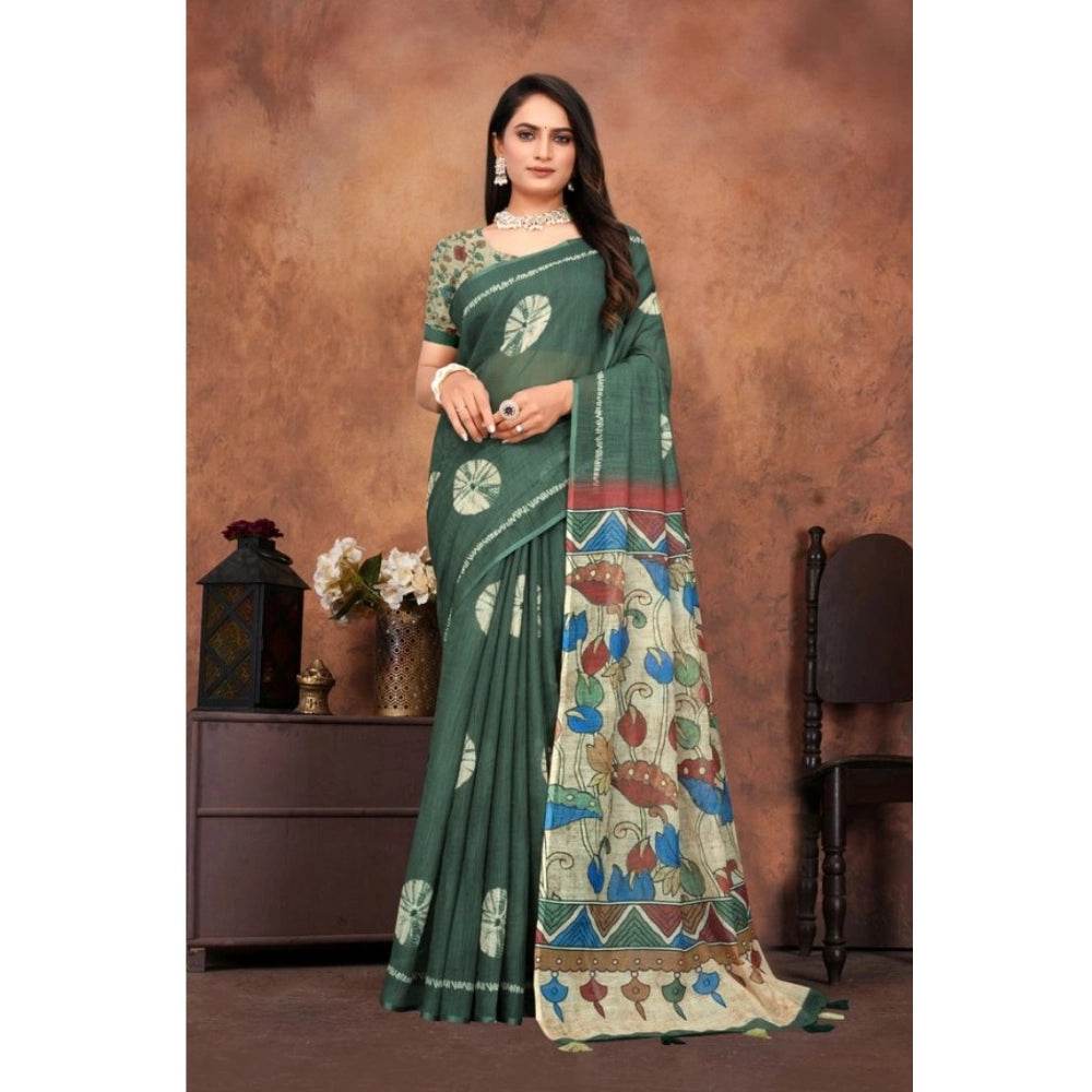 Generic Women's Linen Printed Saree With Unstitched Blouse 5.5Mtr (Dark Green) - MYLUXURY LANE ENTERPRISE