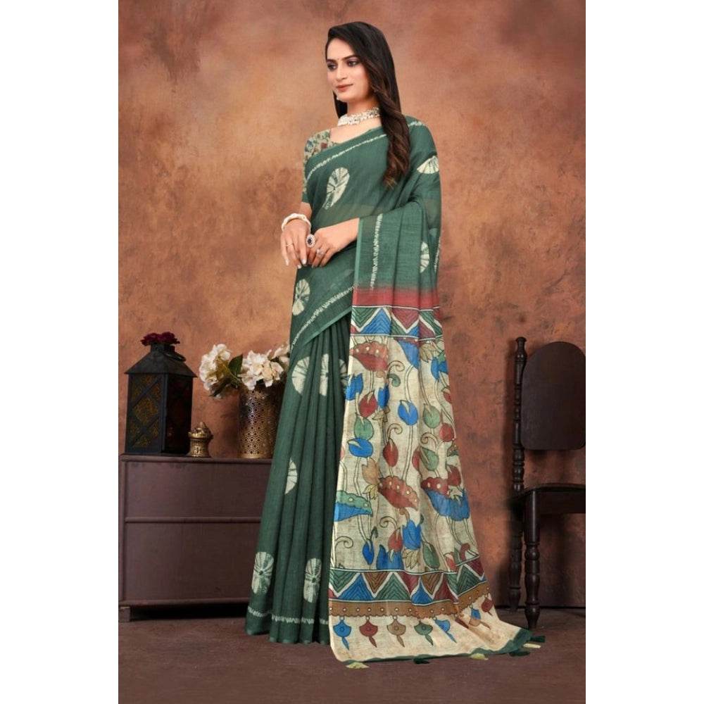 Generic Women's Linen Printed Saree With Unstitched Blouse 5.5Mtr (Dark Green) - MYLUXURY LANE ENTERPRISE