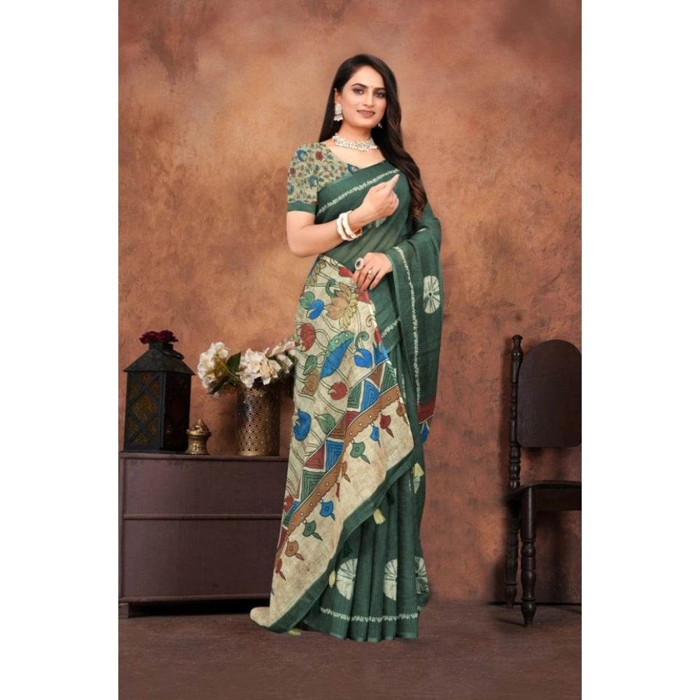 Generic Women's Linen Printed Saree With Unstitched Blouse 5.5Mtr (Dark Green) - MYLUXURY LANE ENTERPRISE