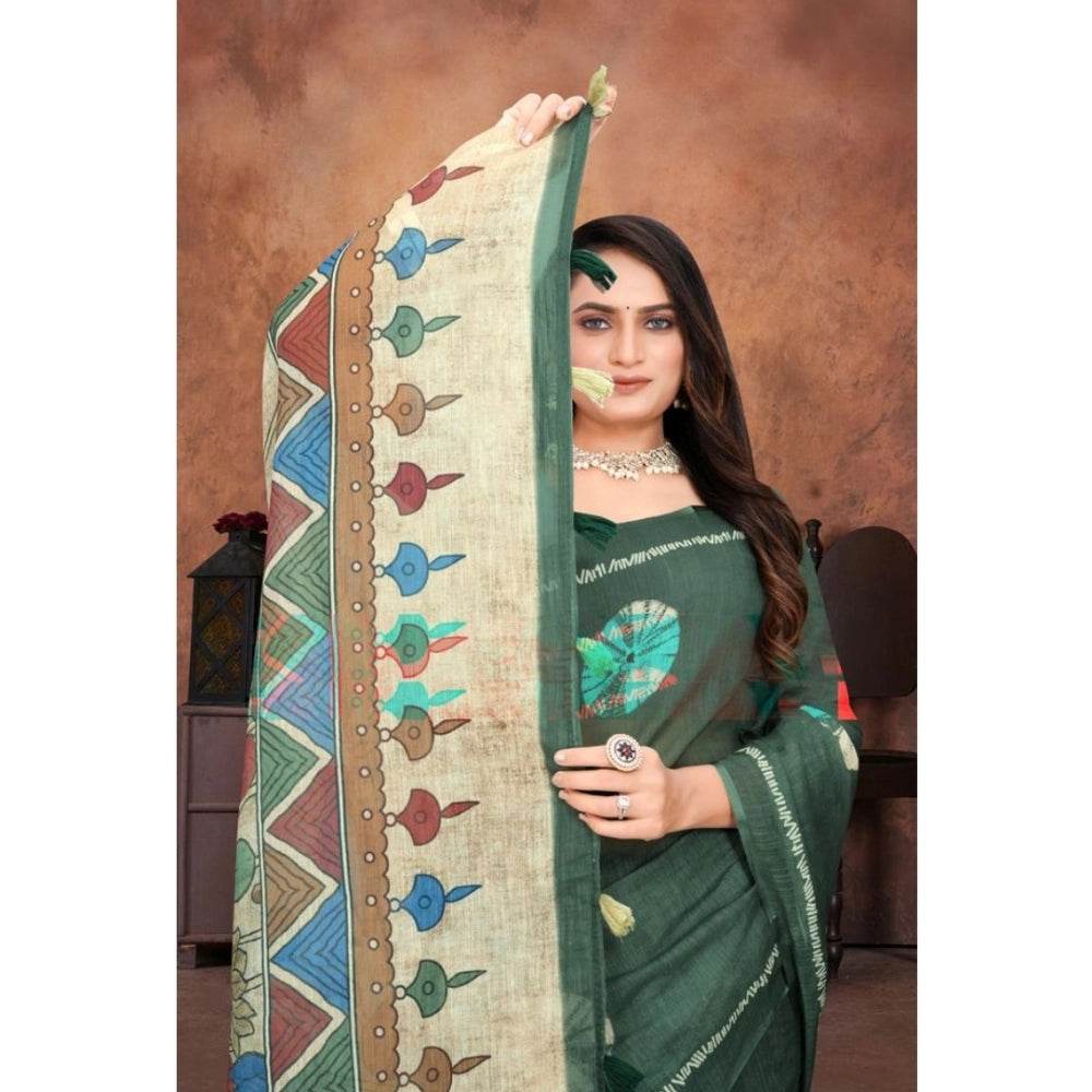 Generic Women's Linen Printed Saree With Unstitched Blouse 5.5Mtr (Dark Green) - MYLUXURY LANE ENTERPRISE