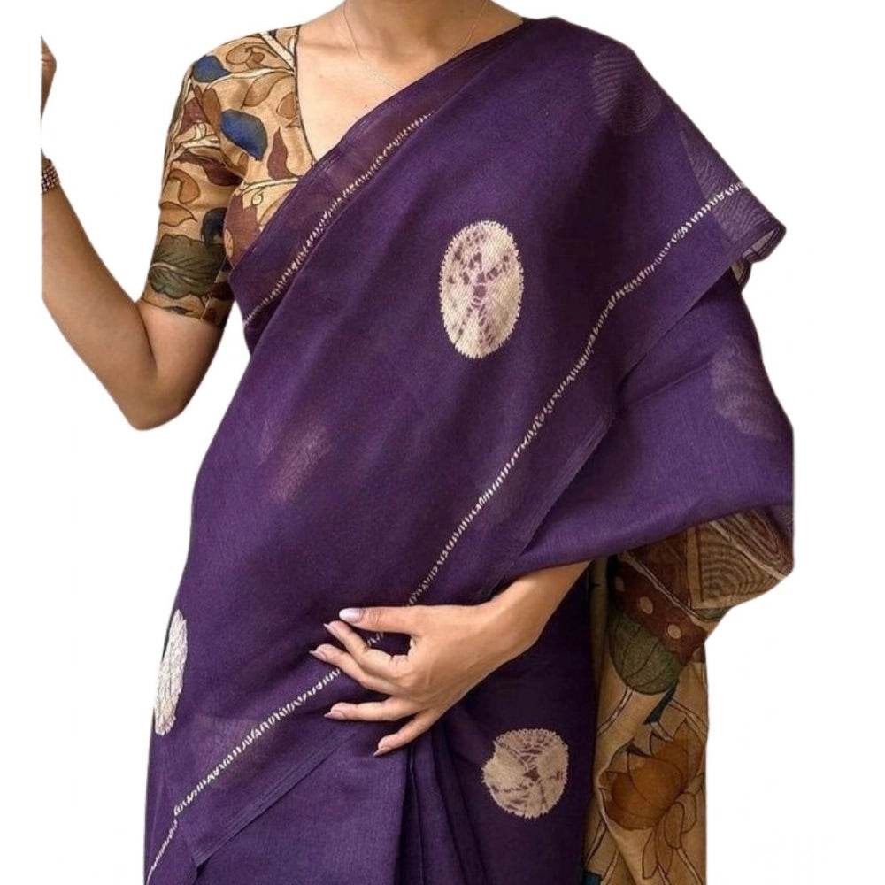 Generic Women's Linen Printed Saree With Unstitched Blouse 5.5Mtr (Purple) - MYLUXURY LANE ENTERPRISE