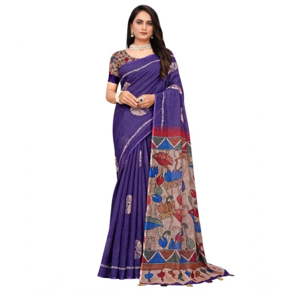 Generic Women's Linen Printed Saree With Unstitched Blouse 5.5Mtr (Purple) - MYLUXURY LANE ENTERPRISE