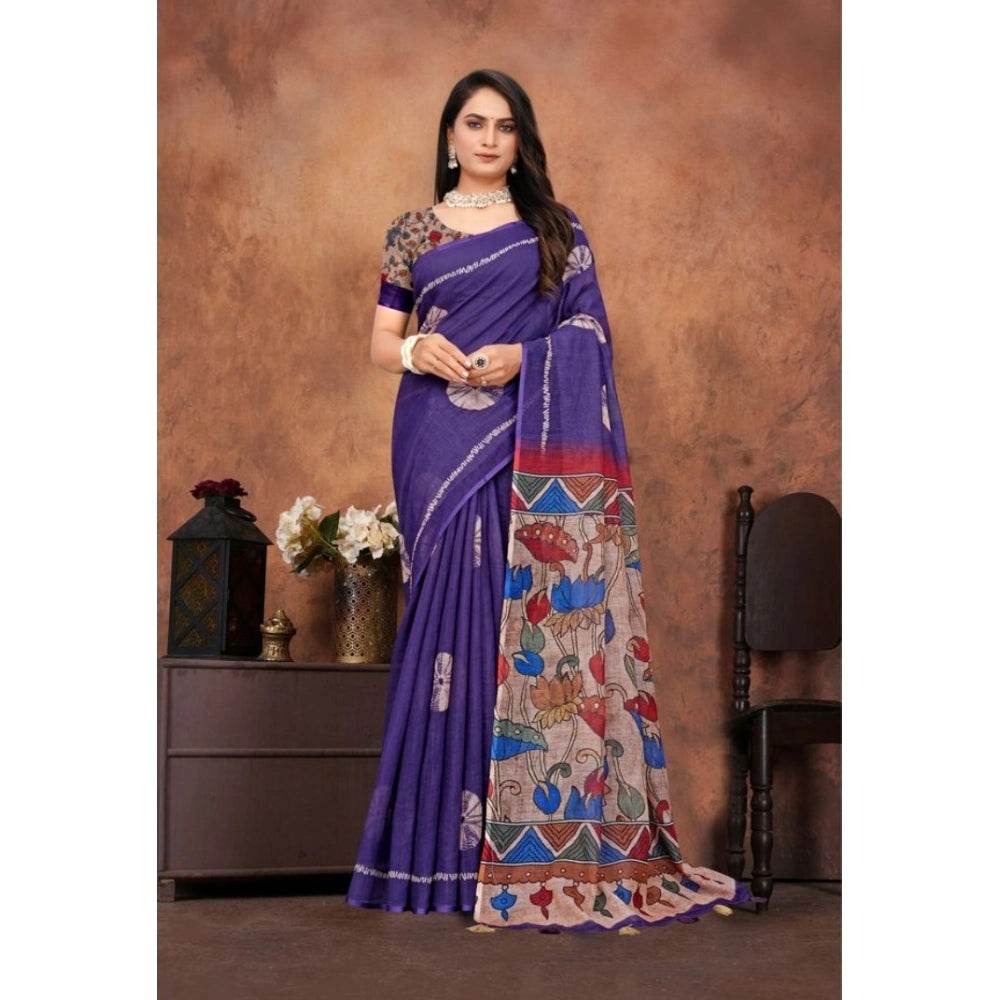 Generic Women's Linen Printed Saree With Unstitched Blouse 5.5Mtr (Purple) - MYLUXURY LANE ENTERPRISE