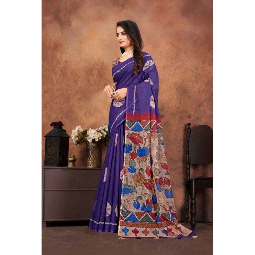 Generic Women's Linen Printed Saree With Unstitched Blouse 5.5Mtr (Purple) - MYLUXURY LANE ENTERPRISE