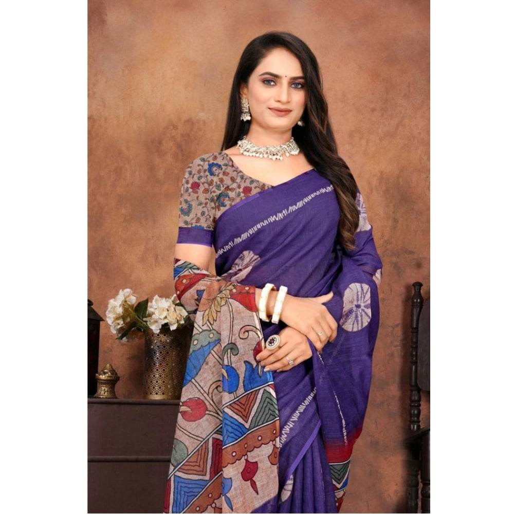 Generic Women's Linen Printed Saree With Unstitched Blouse 5.5Mtr (Purple) - MYLUXURY LANE ENTERPRISE