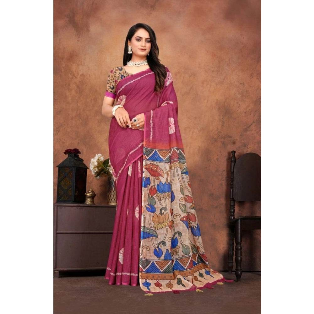 Generic Women's Linen Printed Saree With Unstitched Blouse 5.5Mtr (Purple) - MYLUXURY LANE ENTERPRISE