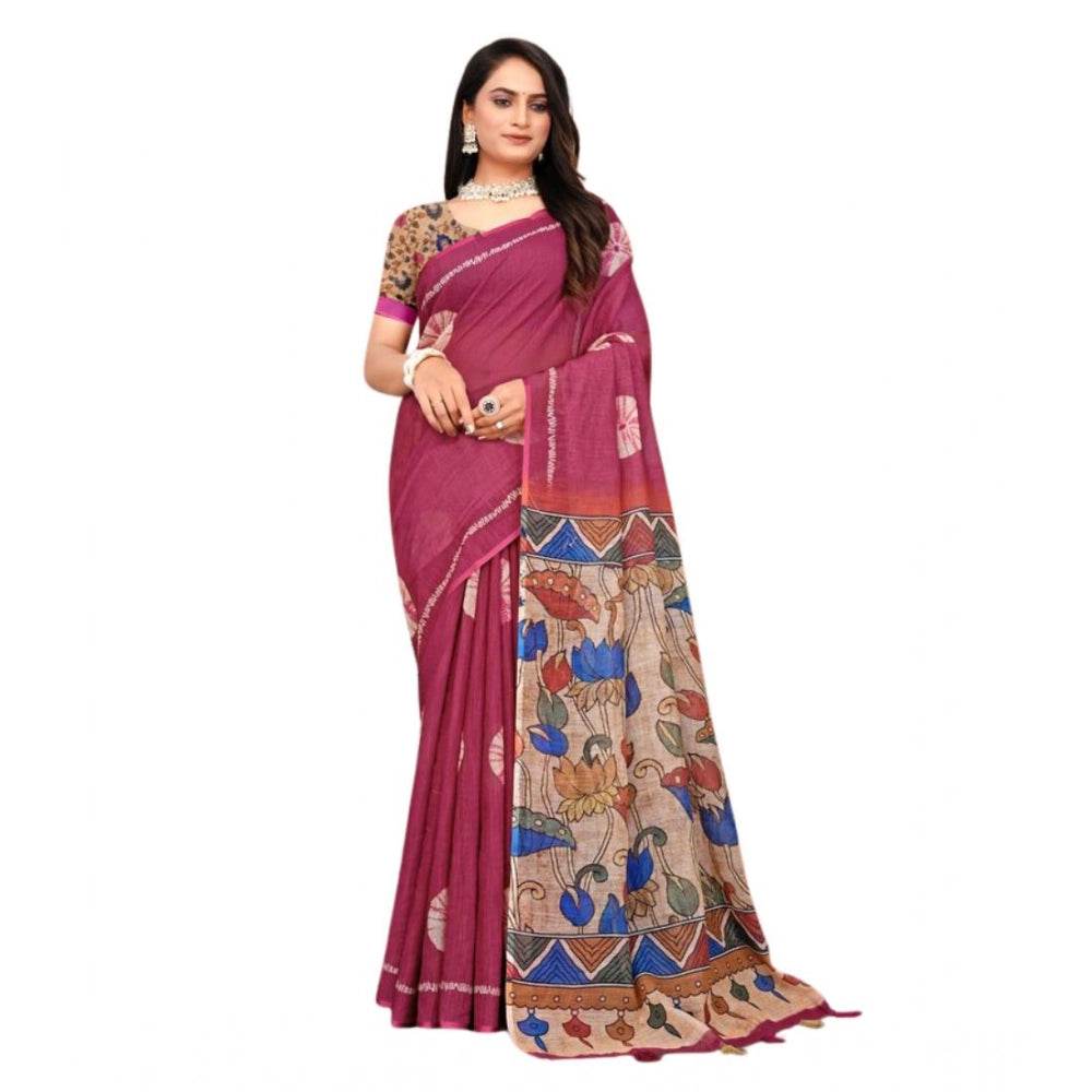 Generic Women's Linen Printed Saree With Unstitched Blouse 5.5Mtr (Purple) - MYLUXURY LANE ENTERPRISE