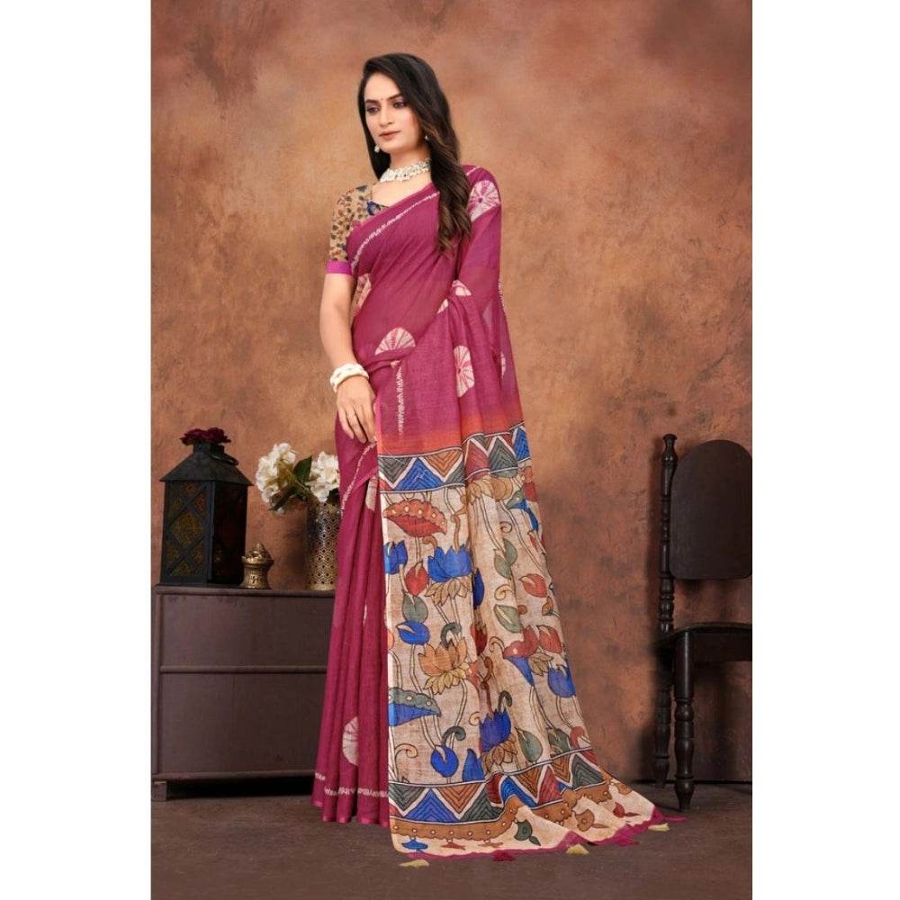 Generic Women's Linen Printed Saree With Unstitched Blouse 5.5Mtr (Purple) - MYLUXURY LANE ENTERPRISE