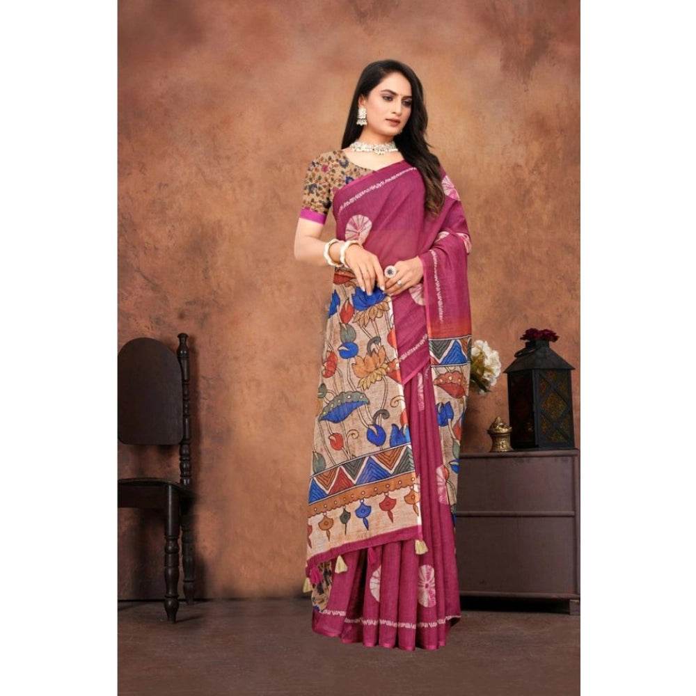 Generic Women's Linen Printed Saree With Unstitched Blouse 5.5Mtr (Purple) - MYLUXURY LANE ENTERPRISE