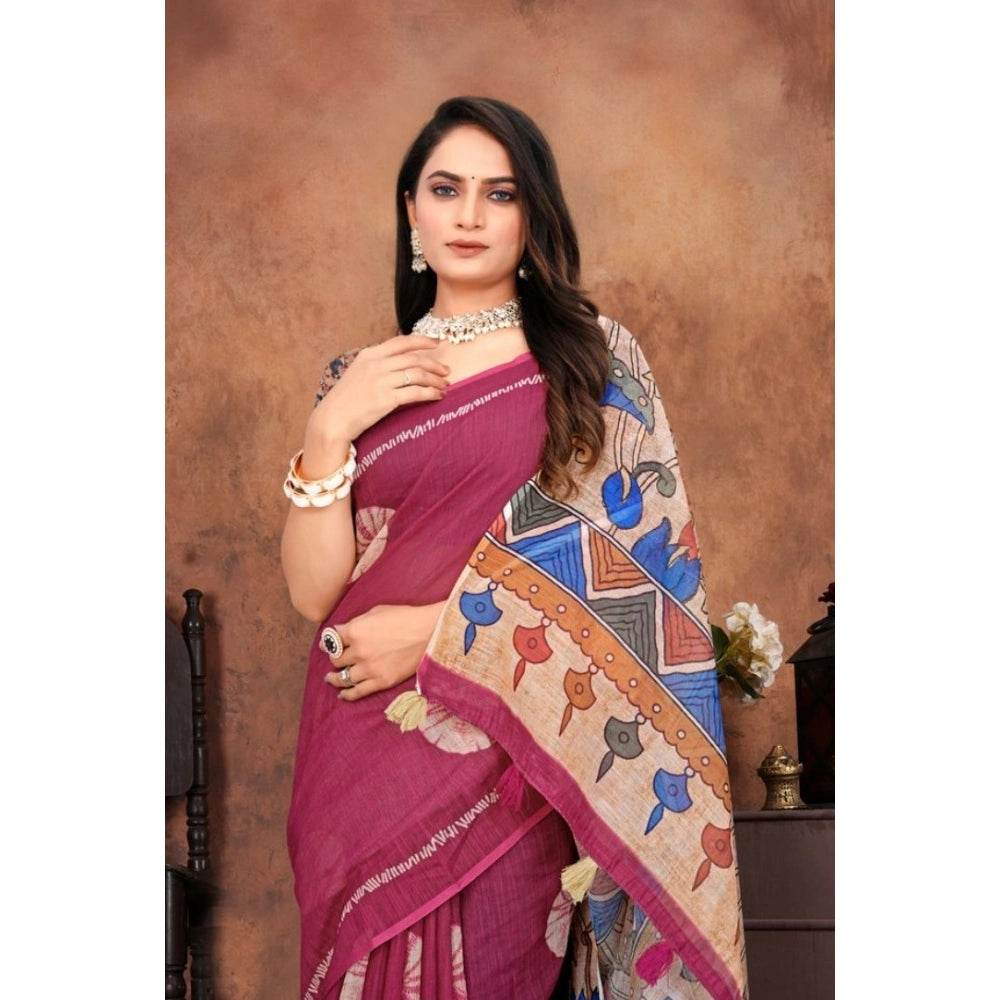 Generic Women's Linen Printed Saree With Unstitched Blouse 5.5Mtr (Purple) - MYLUXURY LANE ENTERPRISE